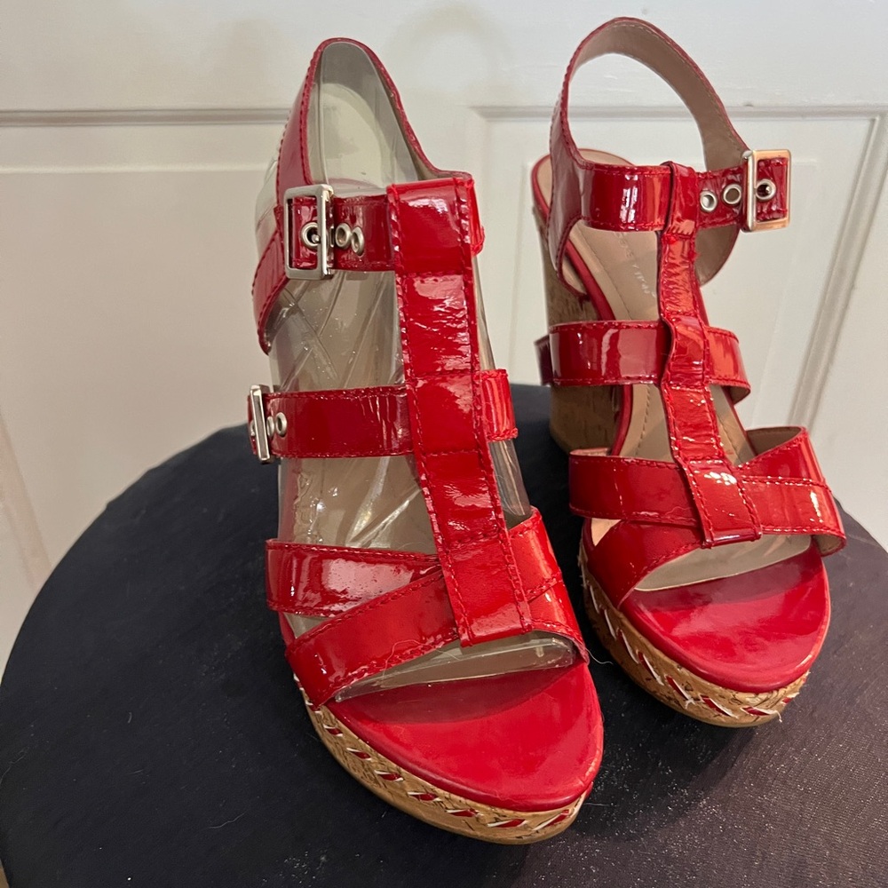Red Strappy Wedge Sandals